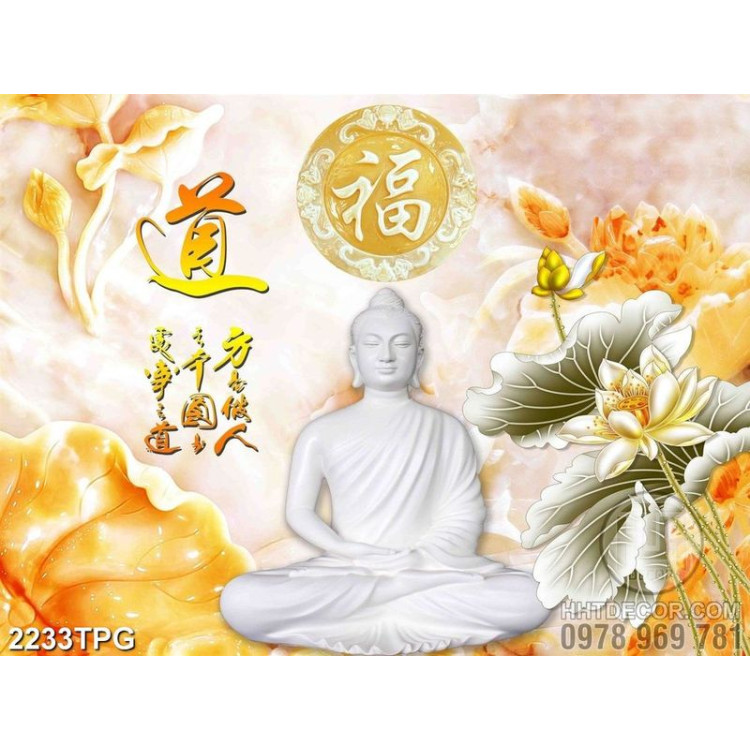Tranh Đức Phật và hoa Sen nền giả ngọc
