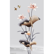 Tranh giả ngọc hồ cá chép bên hoa sen hồng in tường