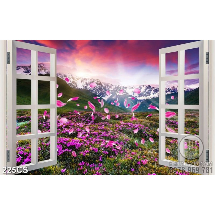 Tranh phong cảnh những cánh hoa rơi bên cửa sổ đẹp 