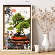 Tranh bonsai cây khế và cái chậu đỏ