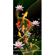 Tranh bông hoa sen tím và cá chép bơi trong làn nước