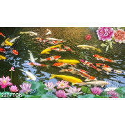 Tranh đàn cá chép bơi tung tăng trong hồ hoa sen hồng
