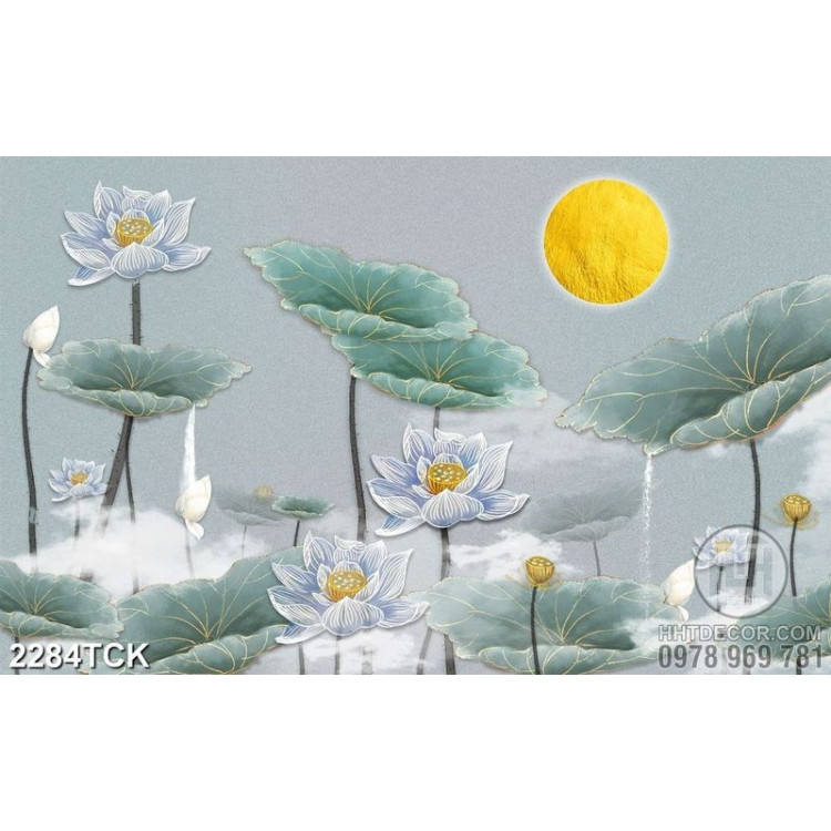Tranh những bông hoa sen trắng dưới ánh trăng vàng