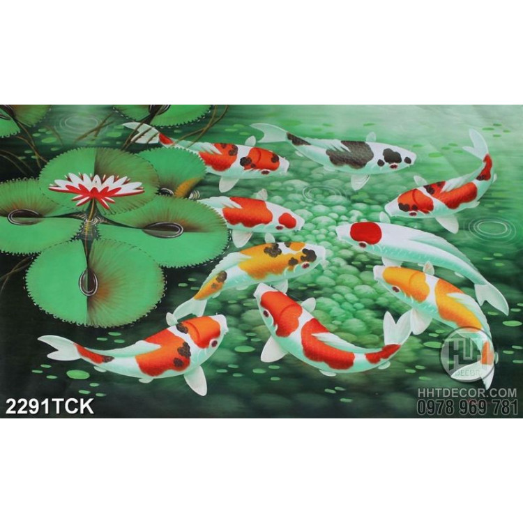 Tranh sơn dầu đàn cá chép vàng trong hồ hoa sen in 3d