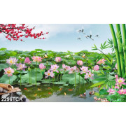 Tranh cành hoa đào trên hồ cá chép vàng và sen hồng