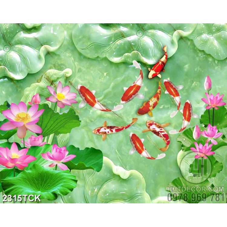Tranh bông hoa sen hồng khoe sắc cùng đàn cá chép