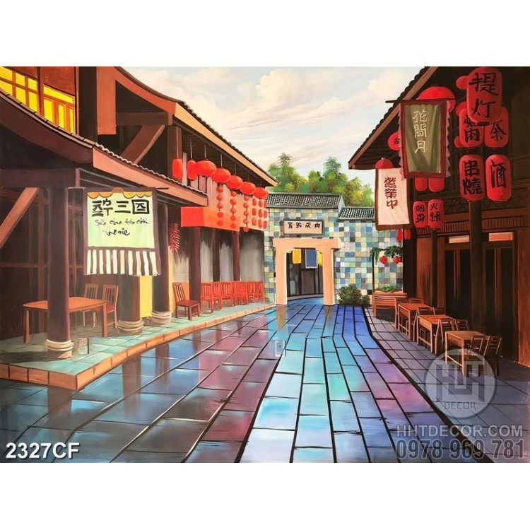 Tranh sơn dầu quán ăn phố cổ Trung Hoa