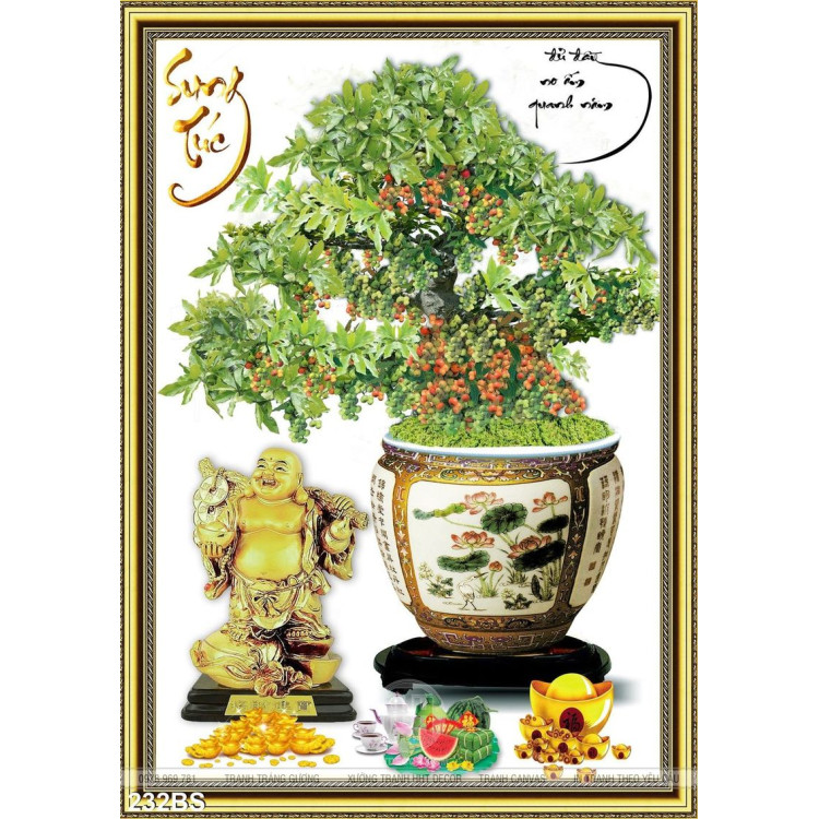 Tranh bonsai cây sung và ông phật vàng
