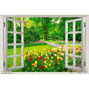 Tranh cửa sổ và vườn hoa nhiều màu đẹp hiện đại 