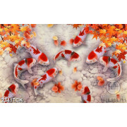 Tranh những cành lá đỏ trên mặt hồ cá chép in tường