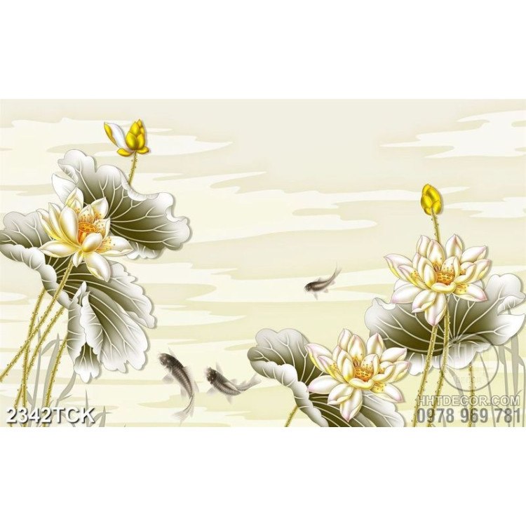 Tranh những bông hoa sen màu trắng trên hồ cá chép 5d