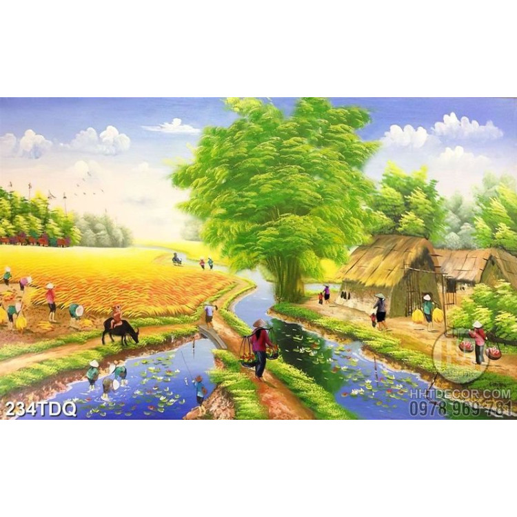 Tranh những thôn nữ đang thu hoạch lúa chín vàng file gốc 