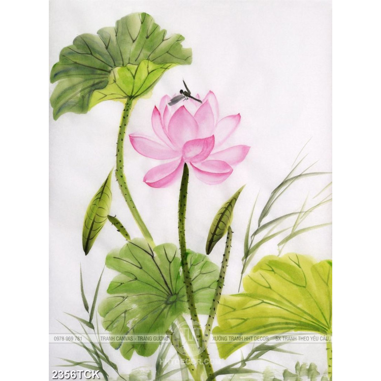 Tranh vẽ hoa sen hồng và chú chuồn chuồn trong gió