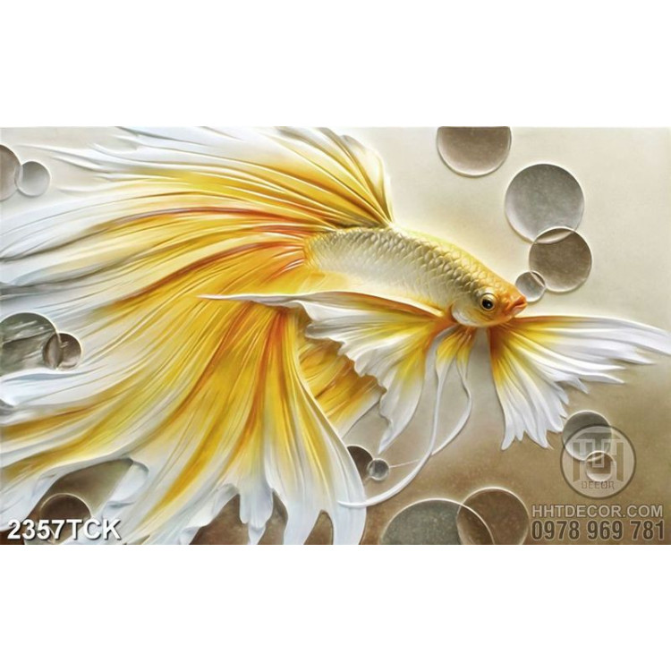 Tranh chú cá sim betta vàng quẩy đuôi dài xinh đẹp in 5d