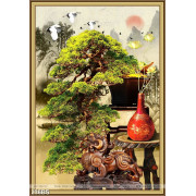 Tranh bonsai tạo dáng bên cái bình hoa cổ