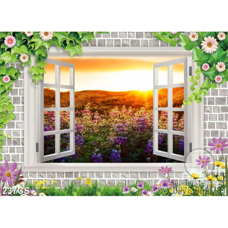 Tranh hoàng hôn bên ô cửa sổ và vườn hoa in uv