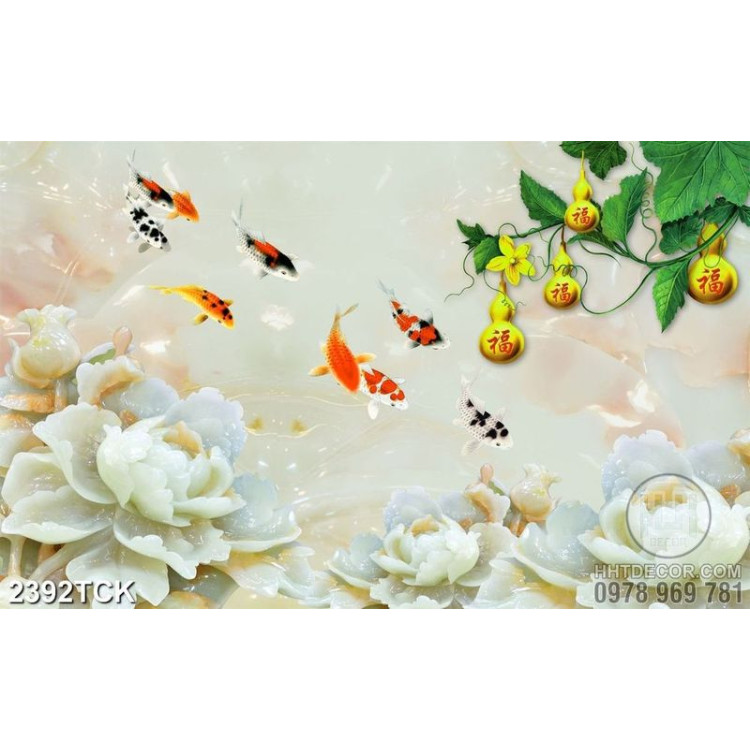 Tranh decor bông hoa mẫu đơn giả ngọc và đàn cá chép 