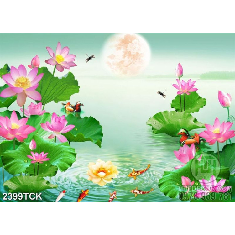 Tranh in uv những bông hoa sen hồng khoe sắc trong hồ