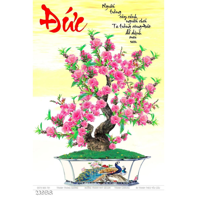 Tranh bonsai hoa đào chữ đức đầu năm