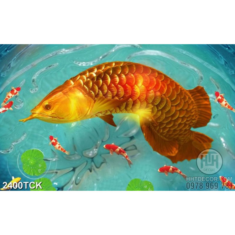 Tranh chú cá chép vàng xinh đẹp trong hồ nước in 3d