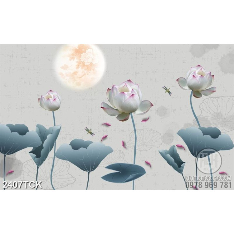 Tranh hoa sen cá chép dưới ánh trăng đêm trang trí tường