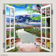 Tranh trang trí phòng ngủ cửa sổ nhìn ra vườn hoa và núi in uv