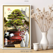 Tranh bonsai và cái chậu màu đỏ