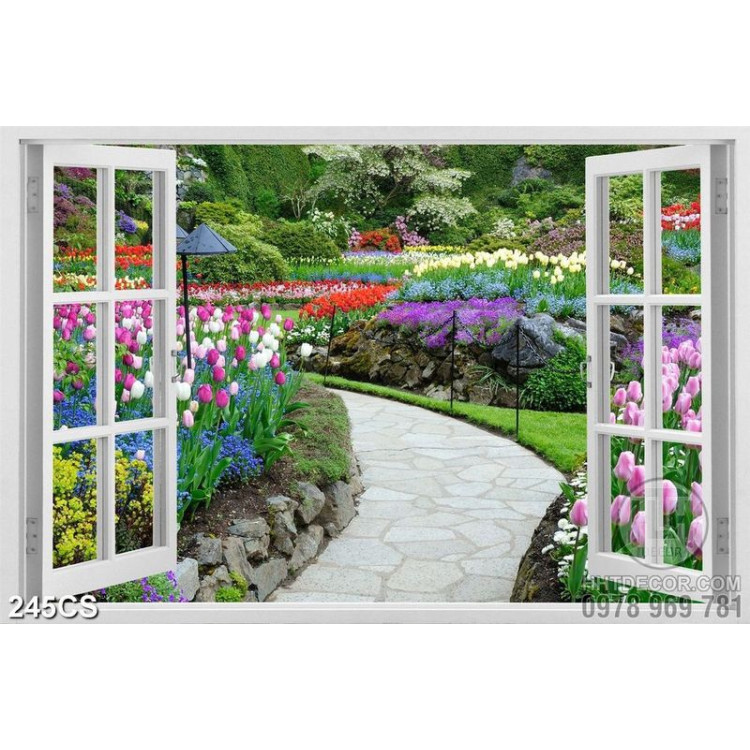 Tranh khung cửa sổ và vườn hoa tulip nhiều màu sắc 