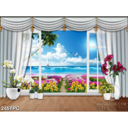 Tranh rèm màn decor trang trí đàn hải âu tung cánh trên biển 