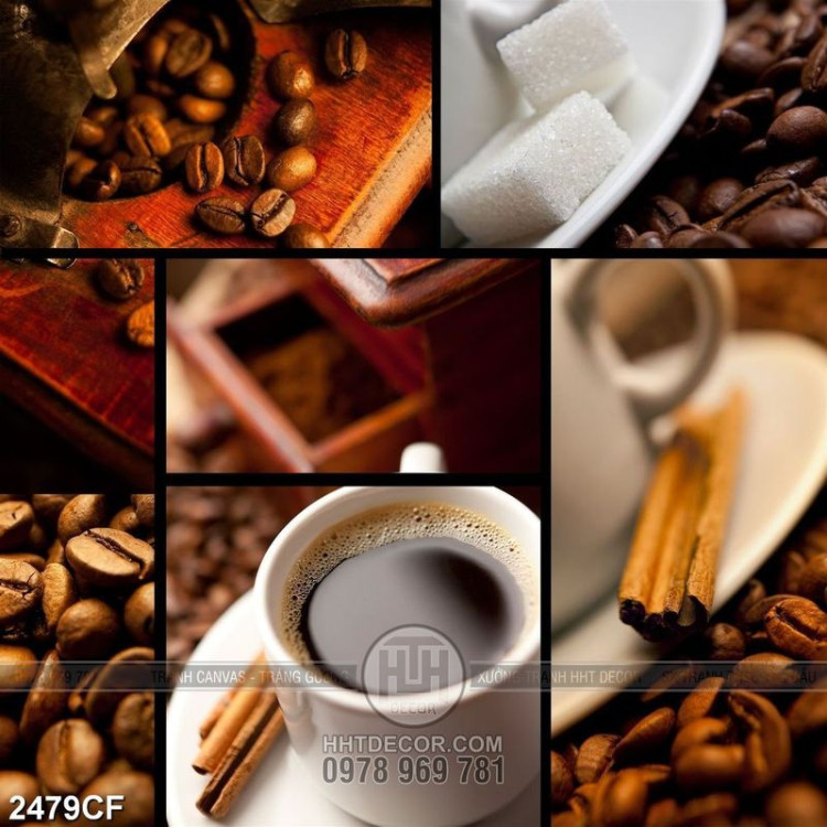 Tranh bộ ghép ly cà phê nóng và hạt café nâu
