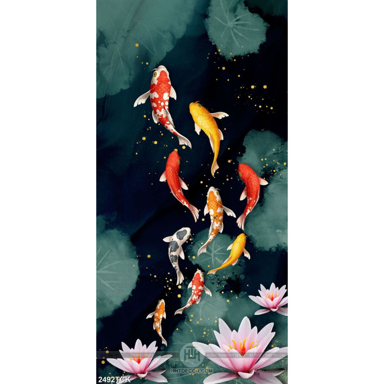 Tranh giả ngọc hồ hoa sen hồng và đàn cá chép bơi lội