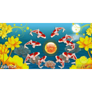 Tranh hoa sen cá chép vàng trong hồ nước trang trí tường