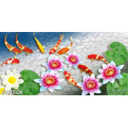 Tranh decor hoa sen và đàn cá chép trong hồ đá cuội