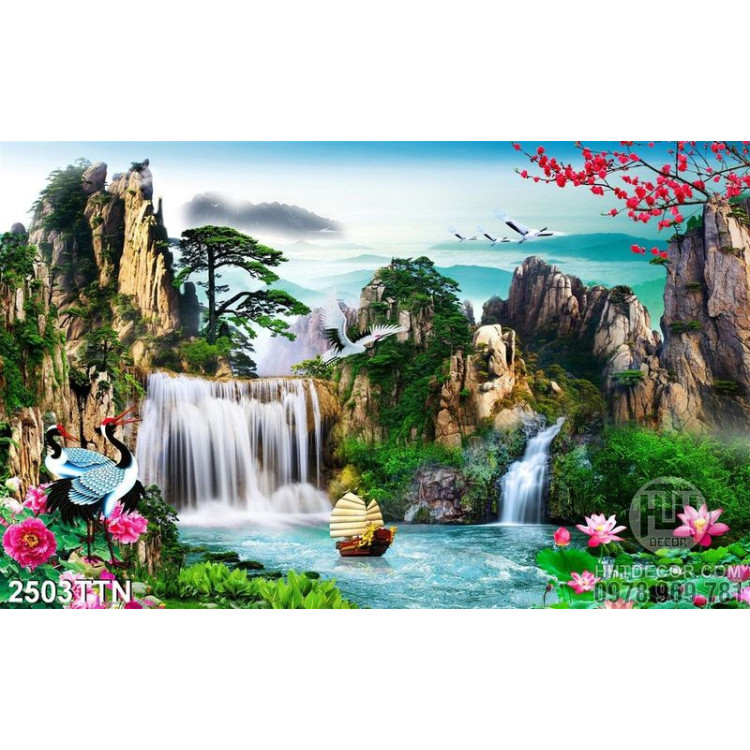 Tranh in 3D thác phong thủy mùa xuân đẹp