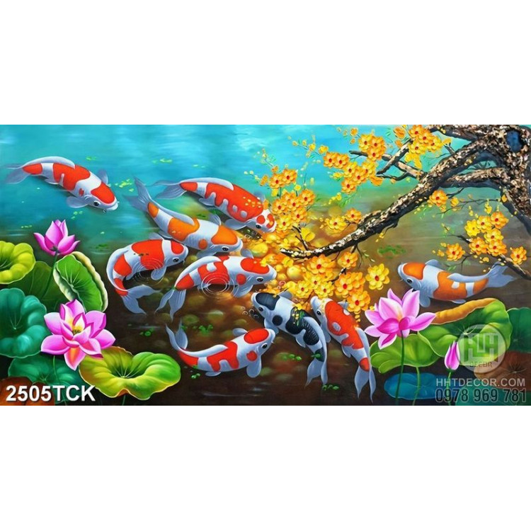 Tranh nghệ thuật đàn cá chép dưới cành hoa mai vàng