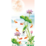 Tranh cá chép bên những bông hoa sen hồng in 5d