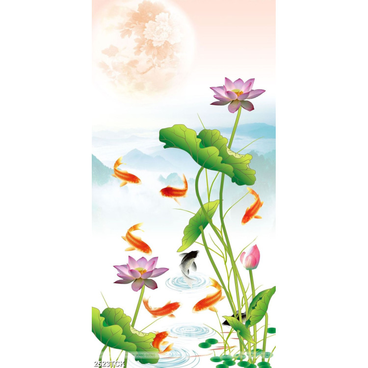 Tranh cá chép bên những bông hoa sen hồng in 5d