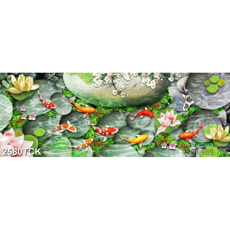 Tranh đầm hoa sen khoe sắc đỏ và đàn cá chép in 3d