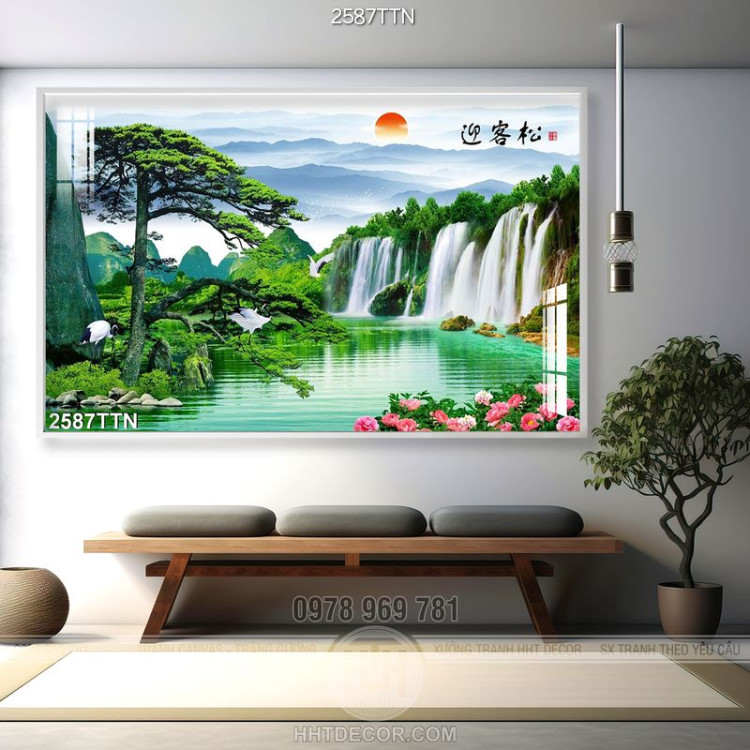 Tranh phong cảnh thác và chim Hạc wall decor