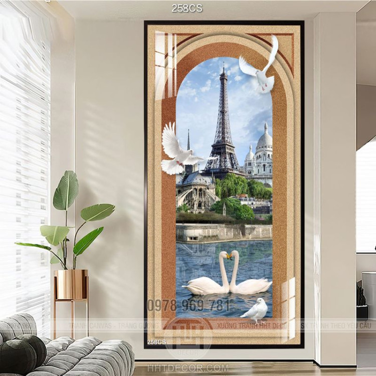 Tranh tháp Eiffel và đôi thiên nga trắng bên ô cửa sổ