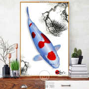 Tranh chú cá koi màu trắng đỏ xinh đẹp trang trí tường