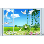 Tranh cửa sổ thiên nhiên xanh mát file gốc in kính
