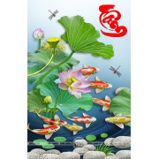 Tranh in canvas đàn cá chép bên bông hoa sen hồng