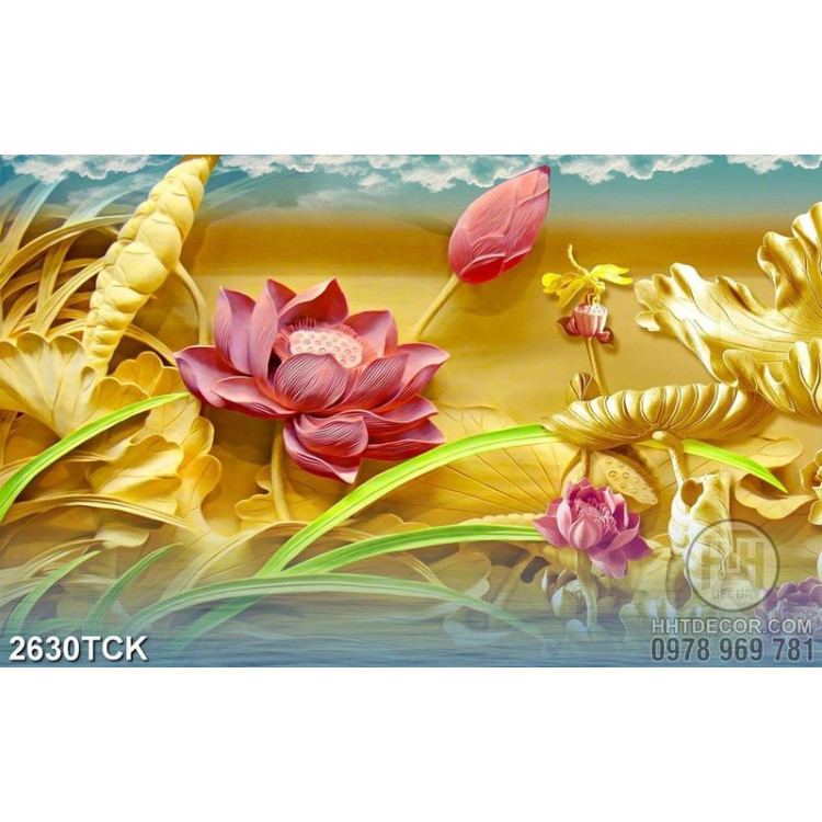 Tranh đàn cá chép bên hồ hoa sen vàng và bướm xinh