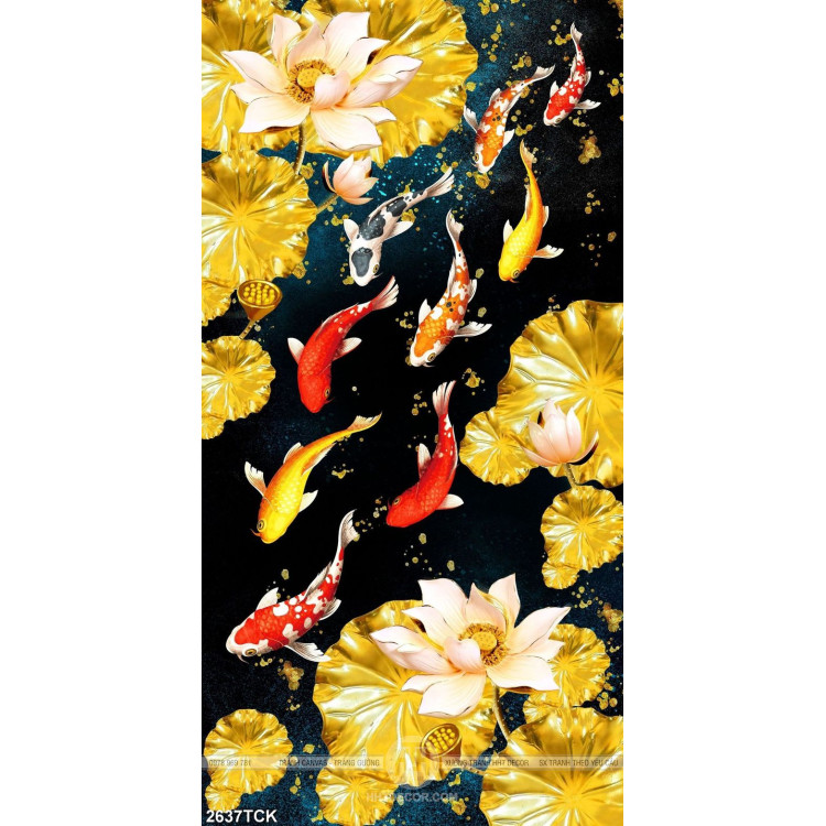 Tranh psd đàn cá chép dưới cành hoa mai vàng xinh đẹp