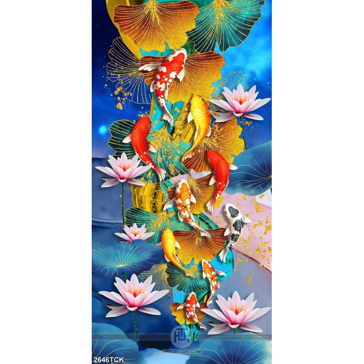 Tranh cá chép bên những bông hoa sen dáp vàng in 3d