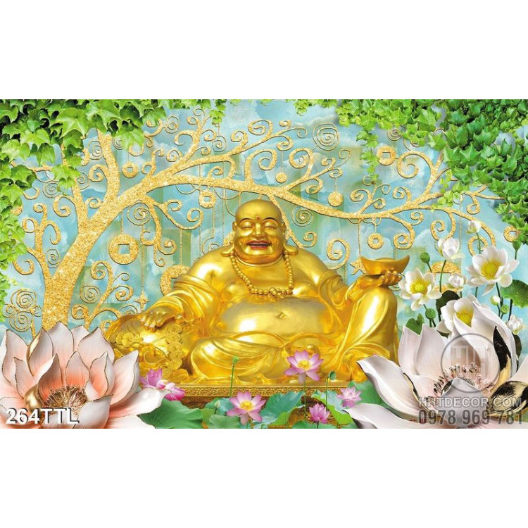 Tranh psd tượng Phật Di Lặc bằng vàng nền đá phong thủy