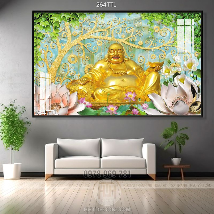 Tranh psd tượng Phật Di Lặc bằng vàng nền đá phong thủy