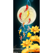 Tranh bông hoa sen dáp vàng trong hồ cá chép dưới trăng