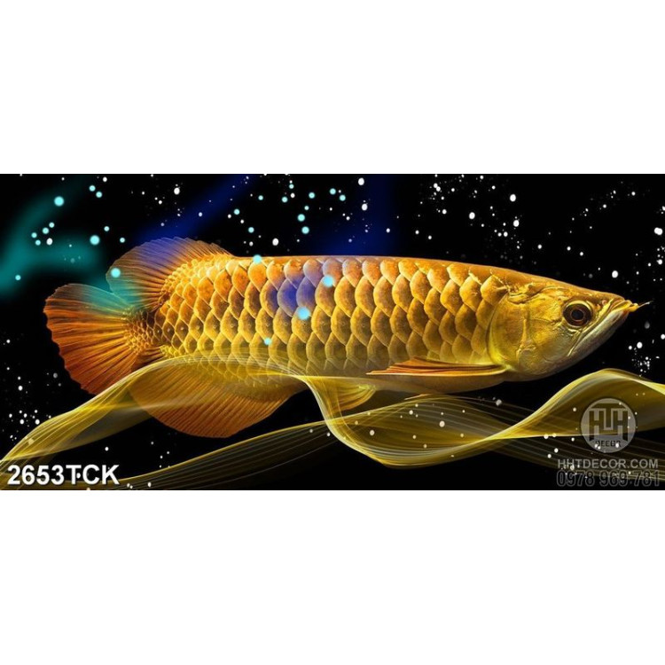 Tranh chú cá chép vàng khổng lồ trong dòng nước về đêm